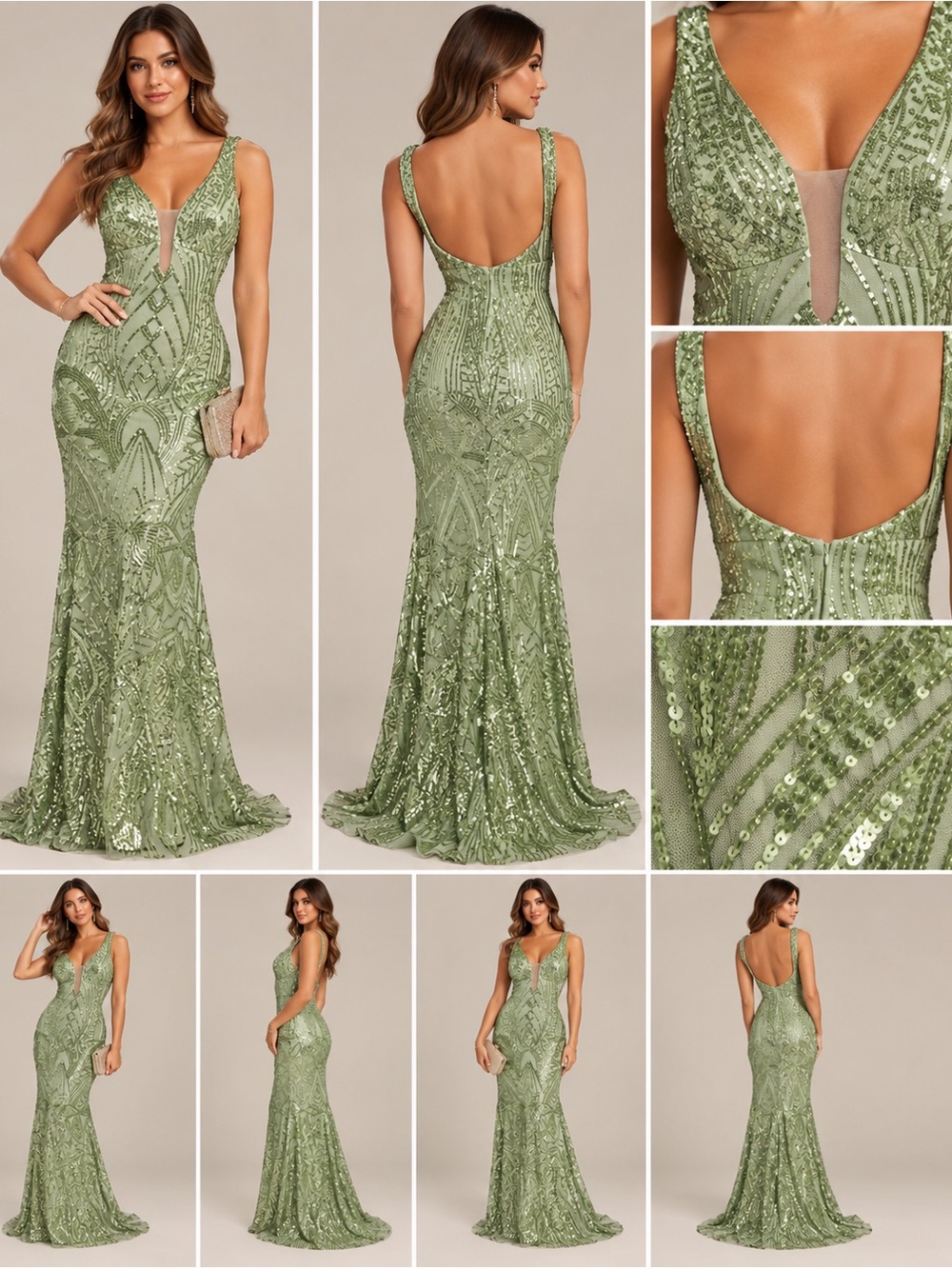 Morgan & Co Sage Green Sequin Mermaid Formal Prom Gown Size 0 NWT